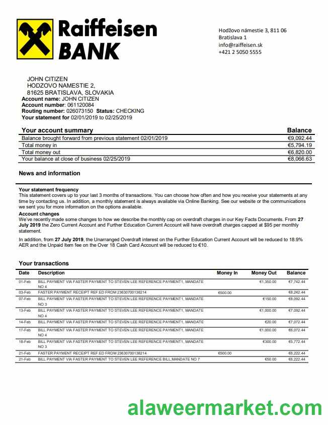 Slovakia Raiffeisen Bank statement